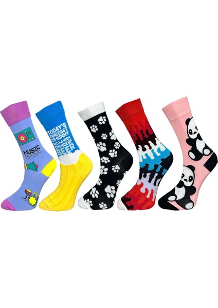 5'li Unisex Esnek Müzik Festivali Panda Pati Desenli Karışık Renkli Nefes Alabilen Soket Çoraplar