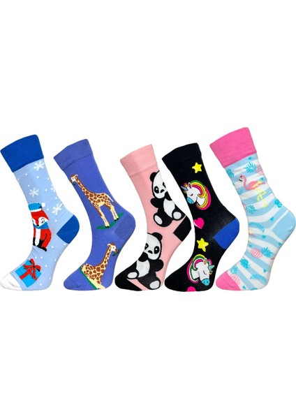 5'li Unisex Esnek Hayvan Unicorn Flamingo Desenli Karışık Renkli Nefes Alabilen Soket Çoraplar