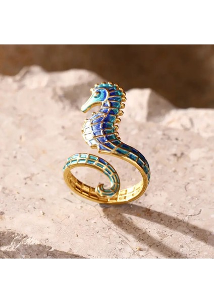 Ocean Okyanus Serisi Fransız Emaye Tasarım Paslanmaz Çelik Gold Altın Ayarlanabilir Denizatı Yüzük