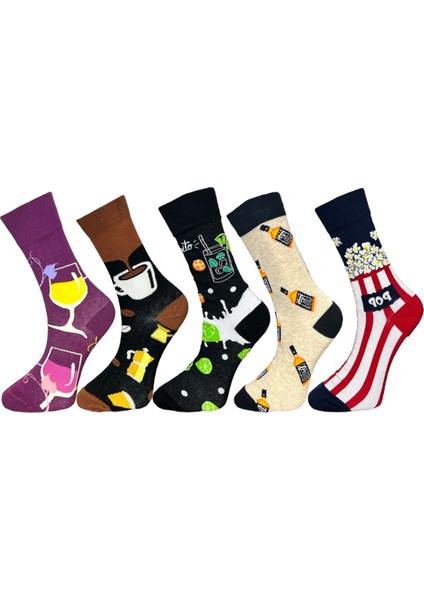 5'li Unisex Esnek Eğlenceli Tasarım Içecek Temalı Karışık Renkli Nefes Alabilen Soket Çoraplar