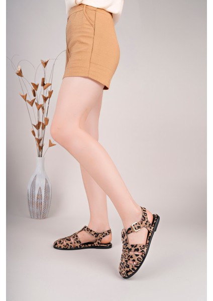 London Model Hakiki Deri Leopar Desen Bantlı Tokalı Kadın Günlük Sandalet fiyatları