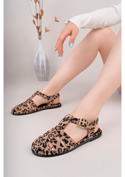 London Model Hakiki Deri Leopar Desen Bantlı Tokalı Kadın Günlük Sandalet modelleri