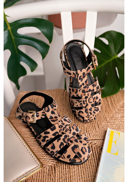 London Model Hakiki Deri Leopar Desen Bantlı Tokalı Kadın Günlük Sandalet indirimleri