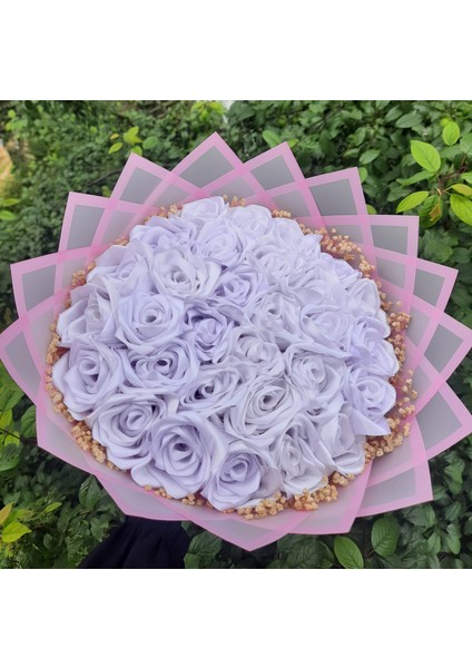30 Lu LED Işıklı Kenar Süslemeli Solmayan Gül Buketi Beyaz Gül Dışı Pembe