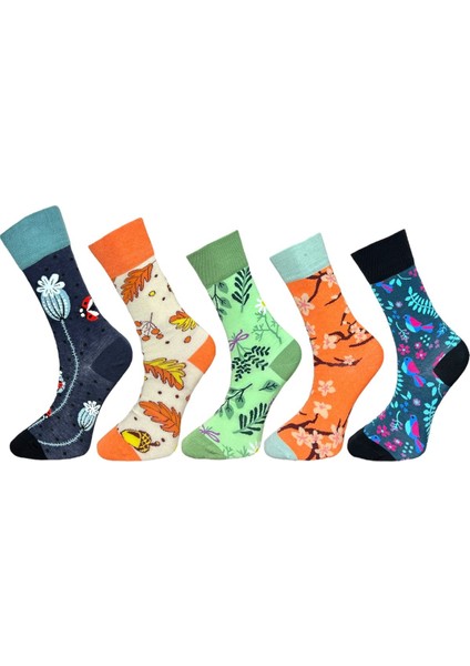 5'li Unisex Esnek Çiçek Desenli Karışık Renkli Nefes Alabilen Soket Çoraplar