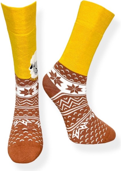 Tekli Unisex Esnek Koyun Desenli Sarı ve Kahverengi Renkli Nefes Alabilen Havlu Çorap fiyatları