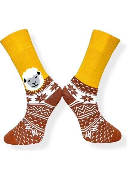 Tekli Unisex Esnek Koyun Desenli Sarı ve Kahverengi Renkli Nefes Alabilen Havlu Çorap modelleri