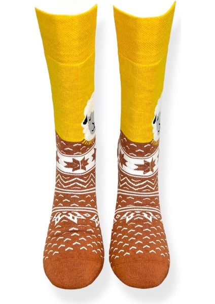 Tekli Unisex Esnek Koyun Desenli Sarı ve Kahverengi Renkli Nefes Alabilen Havlu Çorap fırsatları