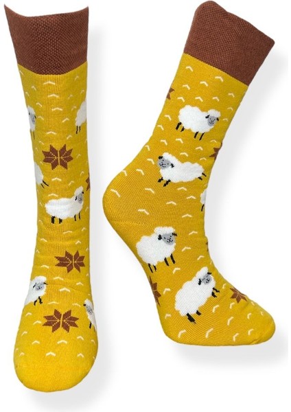 Tekli Unisex Esnek Koyun Desenli Sarı ve Kahverengi Renkli Nefes Alabilen Havlu Çorap