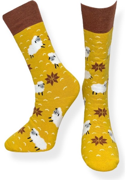 Tekli Unisex Esnek Koyun Desenli Sarı ve Kahverengi Renkli Nefes Alabilen Havlu Çorap fiyatları