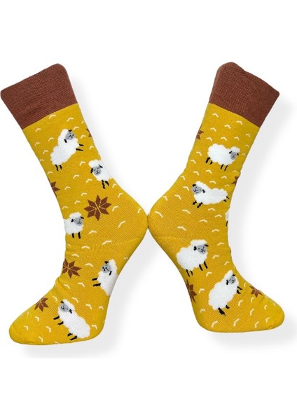 Tekli Unisex Esnek Koyun Desenli Sarı ve Kahverengi Renkli Nefes Alabilen Havlu Çorap modelleri