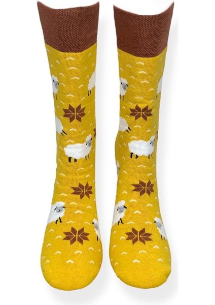 Tekli Unisex Esnek Koyun Desenli Sarı ve Kahverengi Renkli Nefes Alabilen Havlu Çorap fırsatları