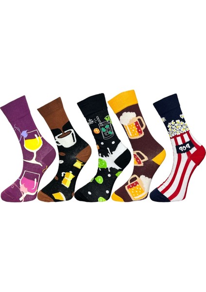 5'li Unisex Esnek Şarap Kahve Bira Mısır Desenli Karışık Renkli Nefes Alabilen Soket Çoraplar