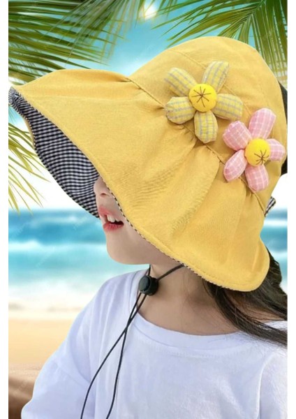 Kız Çocuk 4-10 Yaş Katlanabilir Güneş Koruyucu Yazlık Keten Vizör Şapka