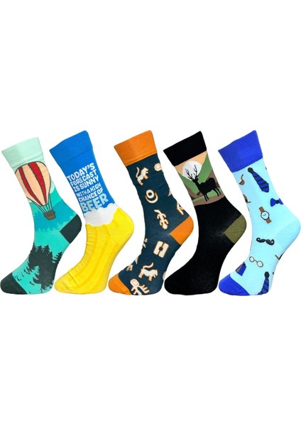 5'li Unisex Esnek Balon Bira Geyik ve Aksesuar Desenli Karışık Renkli Nefes Alabilen Soket Çoraplar