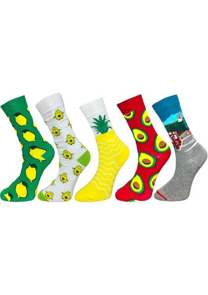5'li Unisex Esnek Limon, Avokado ve Ananas Desenli Karışık Renkli Nefes Alabilen Soket Çoraplar