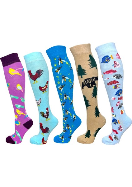 5'li Unisex Esnek Hayvan ve Doğa Desenli Karışık Renkli Nefes Alabilen Diz Üstü Çoraplar