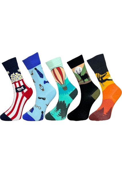 5'li Unisex Esnek Popcorn Balon Geyik Doğa Desenli Karışık Renkli Nefes Alabilen Soket Çoraplar