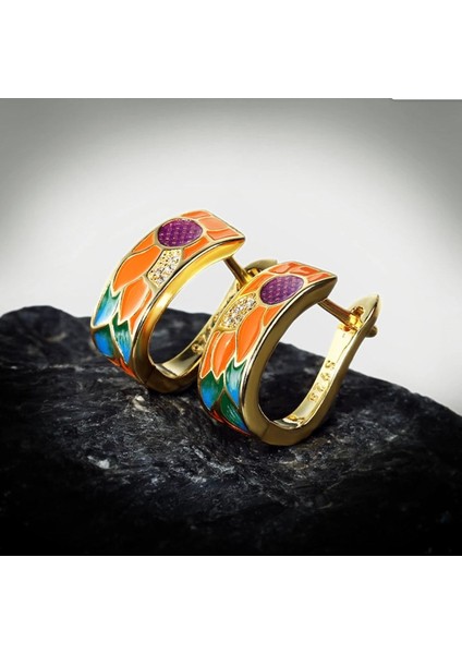 Glaze Flower El Yapımı Emaye 925 Ayar Gümüş 14 Altın Kaplı Hediye Özel Tasarım Taşlı Kolye Küpe Seti