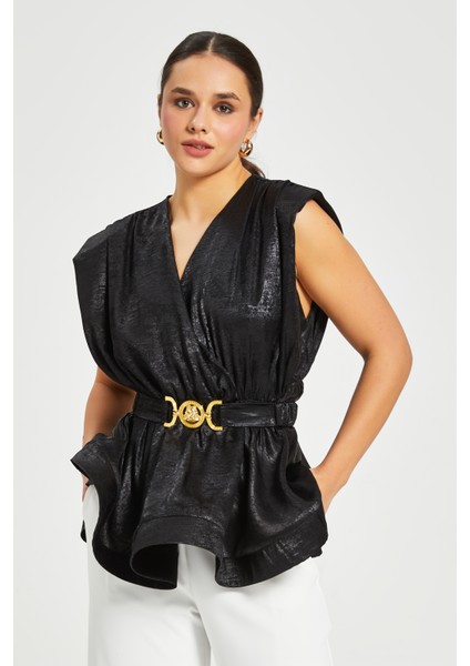 Kadın Işıltılı Kemerli Peplum Bluz – V Yaka, Omuz Vatkalı, Şık Gece Kombini