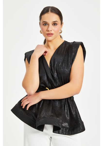 Kadın Işıltılı Kemerli Peplum Bluz – V Yaka, Omuz Vatkalı, Şık Gece Kombini fırsatları