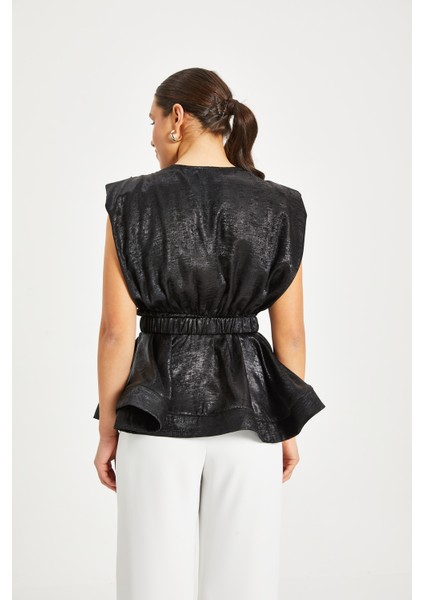 Kadın Işıltılı Kemerli Peplum Bluz – V Yaka, Omuz Vatkalı, Şık Gece Kombini