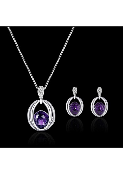 Grape Gümüş Kaplama Kristal Mor Taşlı Sevgililer Günü Hediye Sarkaç Kolye Küpe Takı Seti