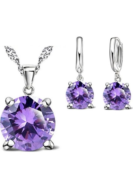 Delight - 925 Ayar Gümüş Kristal Taşlı Kolye Küpe Gelin Düğün Hediye Moda Gümüş Takı Seti