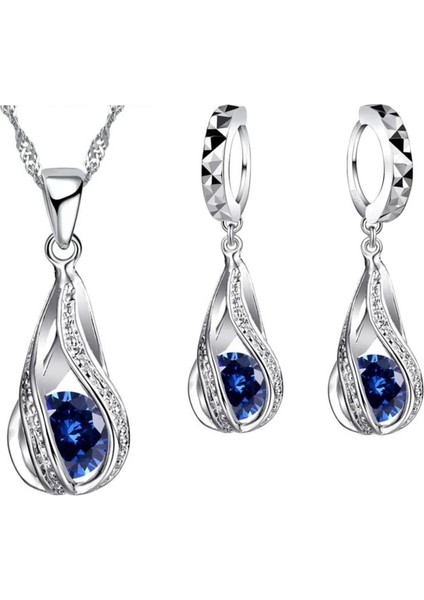 Twist - Kristal Zirkon Taşlı Kolye Küpe Gelin Düğün Hediye Moda 925 Ayar Gümüş Takı Seti