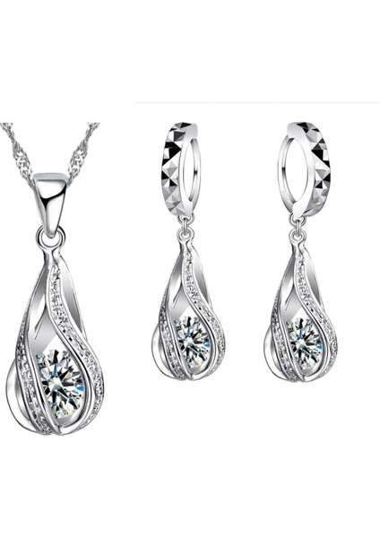 Twist Kristal Zirkon Taşlı Kolye Küpe Gelin Düğün Hediye Moda 925 Ayar Gümüş Takı Seti