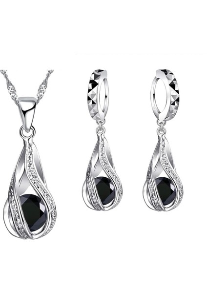 Twist - Kristal Zirkon Taşlı Sevgililer Günü Özel Gelin Düğün Hediye Kolye Küpe Gümüş Takı Seti