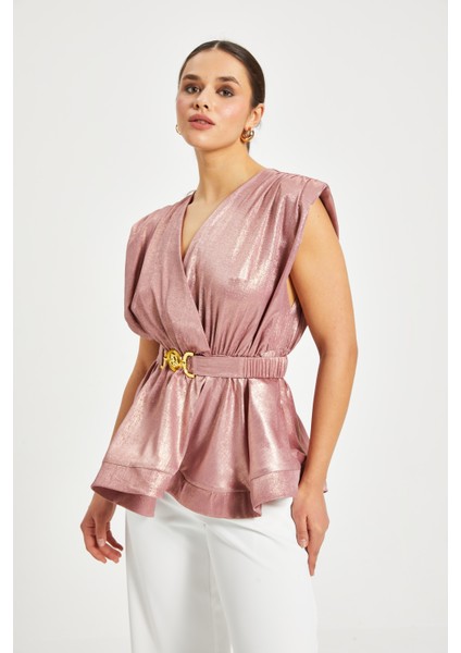 Kadın Işıltılı Kemerli Peplum Bluz – V Yaka, Omuz Vatkalı, Şık Gece Kombini fırsatları