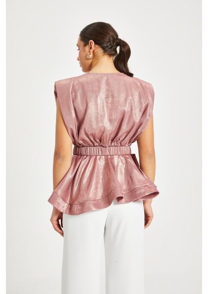 Kadın Işıltılı Kemerli Peplum Bluz – V Yaka, Omuz Vatkalı, Şık Gece Kombini