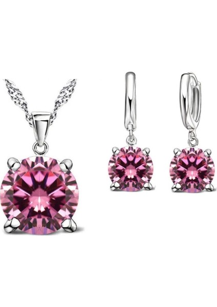 Delight - 925 Ayar Gümüş Kristal Taşlı Kolye Küpe Gelin Düğün Hediye Moda Gümüş Takı Seti