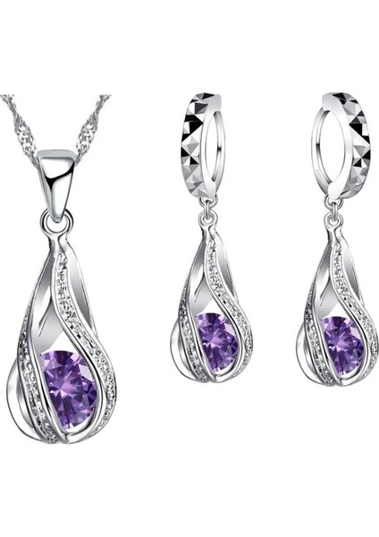Twist - Kristal Zirkon Taşlı Kolye Küpe Gelin Düğün Hediye Moda 925 Ayar Gümüş Takı Seti