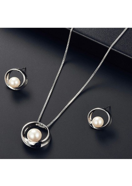Pearl Inci Taşlı Silver Gümüş Kaplı Renk Kolye Küpe Sade Şık Sevgililer Günü Hediye Takı Seti