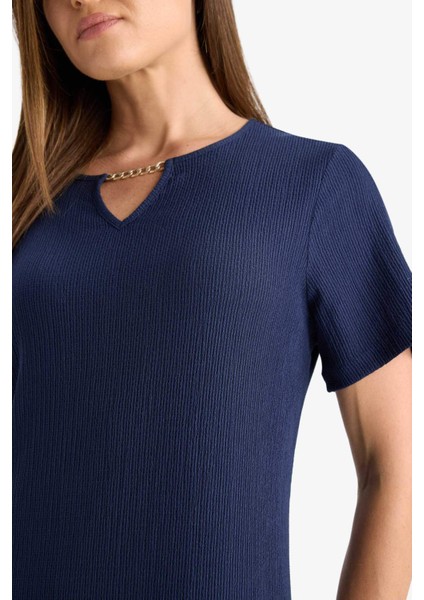 Regular Fit Apaş Yaka Basic Düz Bürümcük Kısa Kollu Midi Yazlık ELBISE D3834AX25SM