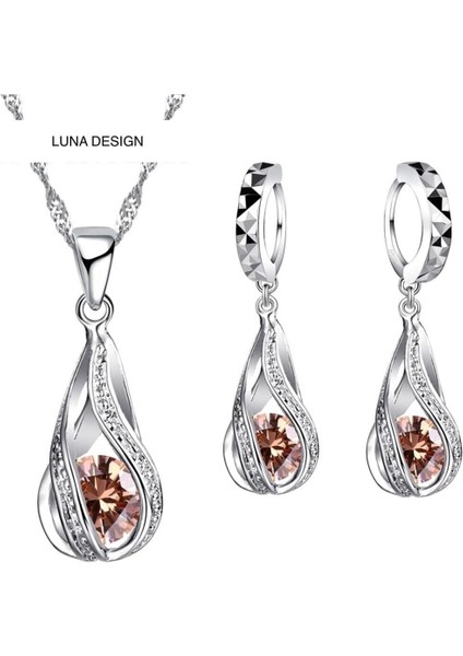 Twist Kristal Zirkon Taşlı Kolye Küpe Gelin Düğün Hediye Moda 925 Ayar Gümüş Takı Seti