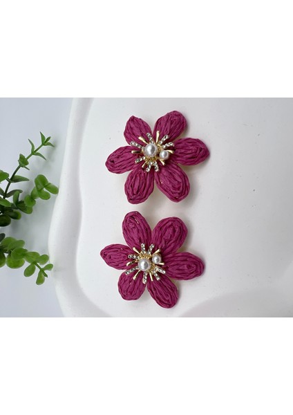Taşlı Hasır Çiçek Küpe (Fuşya)