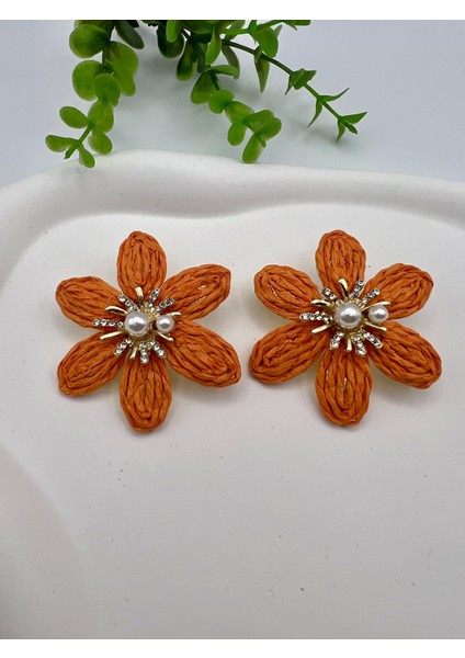 Taşlı Hasır Çiçek Küpe (Turuncu)