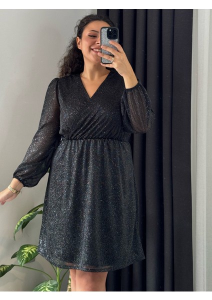 Kadın Büyük Beden Kruvaze Yaka Simli Elbise