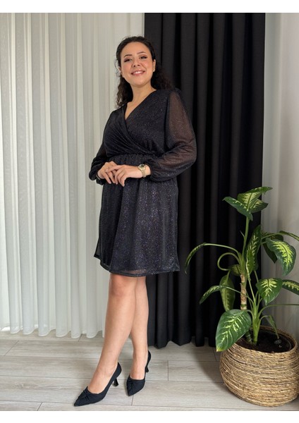 Kadın Büyük Beden Kruvaze Yaka Simli Elbise fiyatları