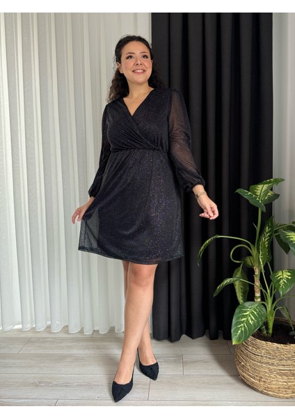 Kadın Büyük Beden Kruvaze Yaka Simli Elbise modelleri