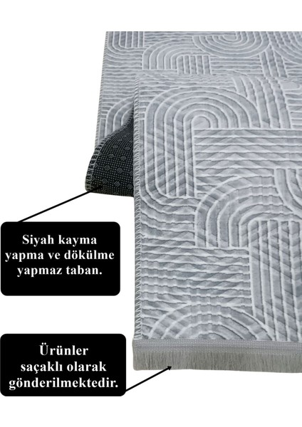 Kaymaz Taban Saçaklı Smart Diamond Gri Kabartmalı Yıkanabilir Kesme Yolluk Halı