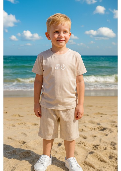 Onoff Baskı Fitillli Şortlu Basic Kız Erkek Çocuk Yazlık Şortlu Takım