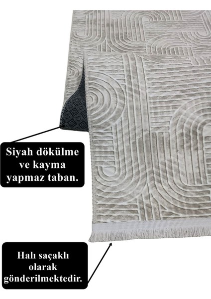 Kaymaz Taban Saçaklı Smart Diamond Krem Kabartmalı Yıkanabilir Kesme Yolluk Halı