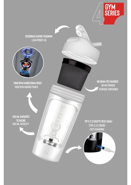 Elektrikli 4'lü Şarjlı Protein Öğütücü, 650 ml, Beyaz, Hafif ve Pratik Kullanım modelleri