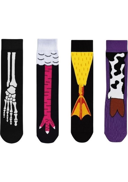Karakterli Renkli Figürlü 4 Lü Eğlenceli Unisex Çorap Seti Iskelet Flamingo Tavuk Inek Çorap Kombini