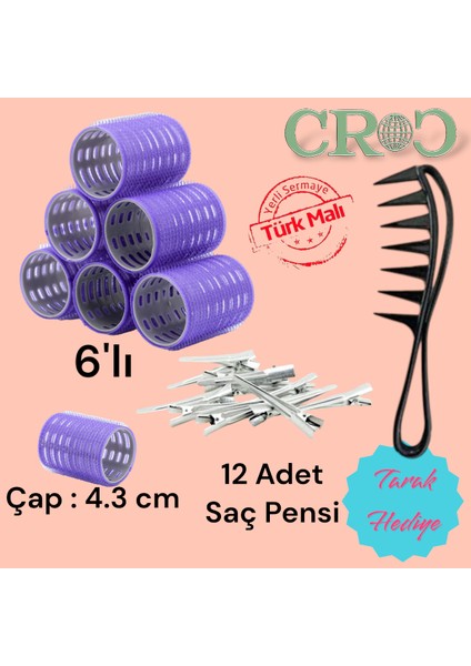 1215 Büyük Boy Bigudi 6lı + Saç Pensi 12lı (Cırtlı - Yapışkanlı Bigudi) Mor