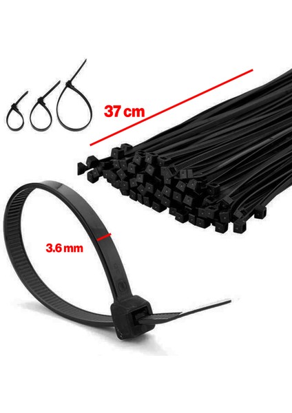 Plastik Cırt Kelepçe 3,6X370 mm 100 Adet Siyah Renk Zip Kablo Bağı Çok Amaçlı Bağlama Uzun